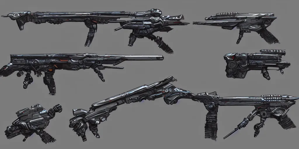 Image similar to 2 d concept art sheet of a sci fi plasma rifle, intricate detail, trending on artstation, award winning concept artist, 8 k