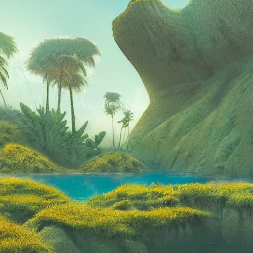 Image similar to artistic digital artwork of a lush natural scene on an alien planet. beautiful landscape by lurid ( 2 0 2 2 ). weird vegetation. cliffs and water. grainy and rough. soft interesting colour palette. straight shapes mixed with organic details. beautiful light. high quality render.