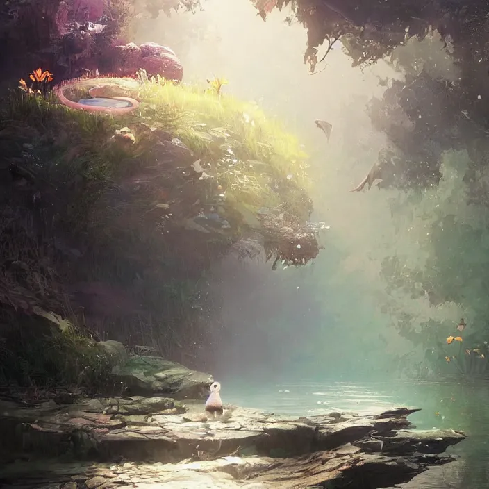 Image similar to a painting of a cute otter at a river. character design by cory loftis, fenghua zhong, ryohei hase, ismail inceoglu and ruan jia. volumetric light, detailed, rendered in octane