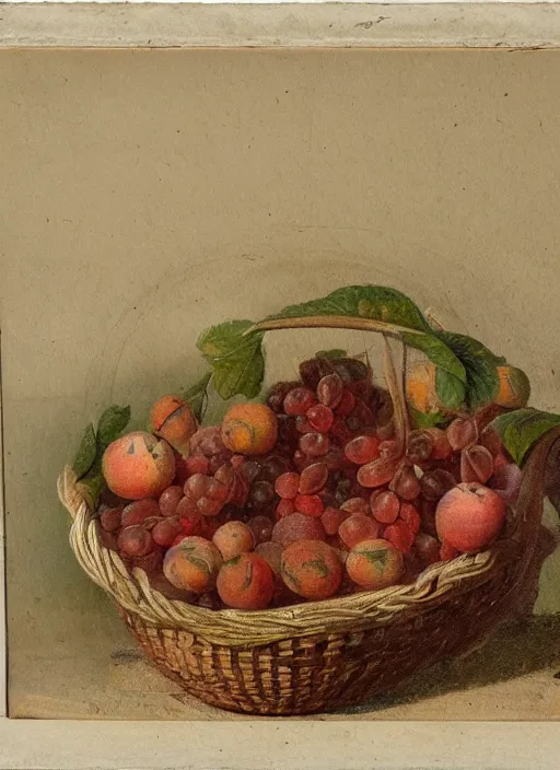 Image similar to a 1 9 th century oil sketch of a basket full of fruit. high quality scan