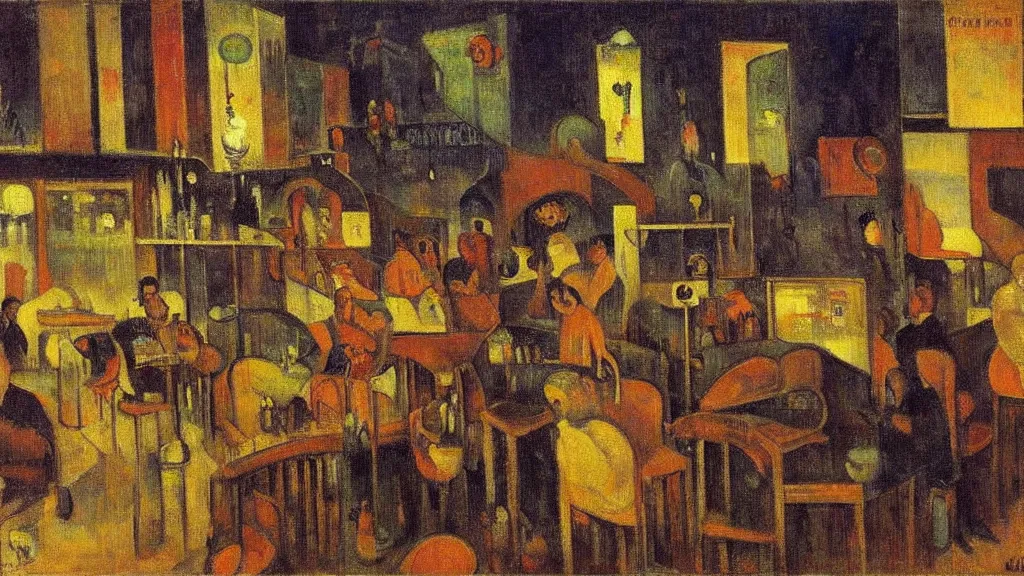 Image similar to oil on canvas of night cafe at arles, laid - back atmosphere, detailed, cinematic, by aul gauguin