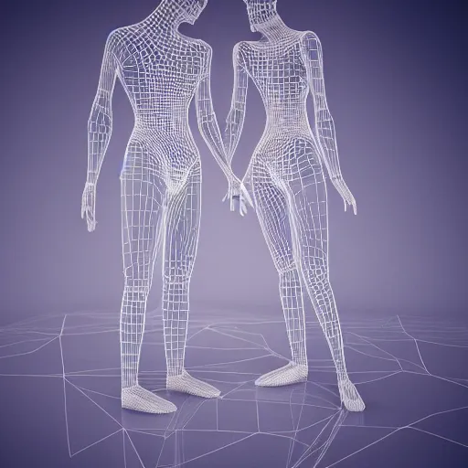 Prompt: beautiful abstract human bodies intertwined, wireframe, perfect topology, 3 d model, 3 d mesh, gradients, atmospheric lighting, octane render