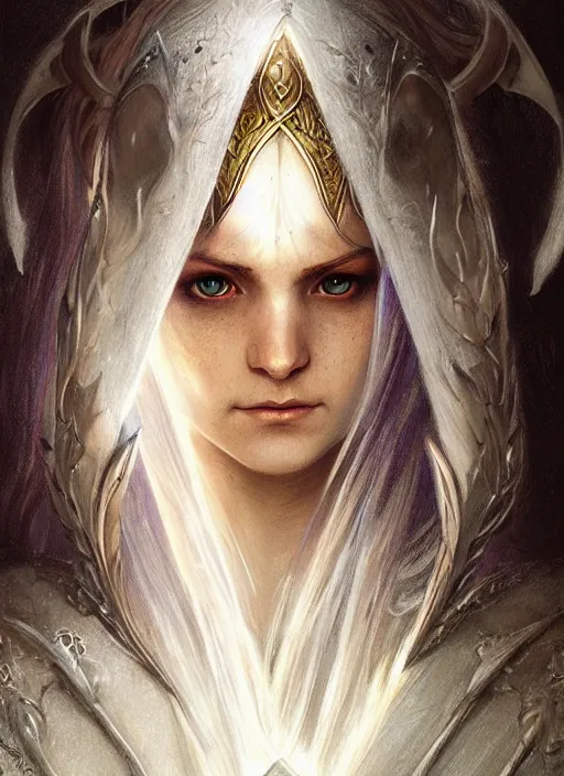 Image similar to Portrait of a beautiful female elven warrior, white glowing eyes, lord of the rings, cloak, female, fantasy, extremely detailed, digital painting, artstation, concept art, smooth, sharp focus, illustration, stunning lighting, art by artgerm and greg rutkowski and alphonse mucha and simon stalenhag, realistic character concept, high fantasy, light atmosphere, golden ratio, cinematic lighting, hyperdetailed, high resolution, insanely detailed and intricate, artstation, Marc Simonetti, Greg Rutkowski, 8k