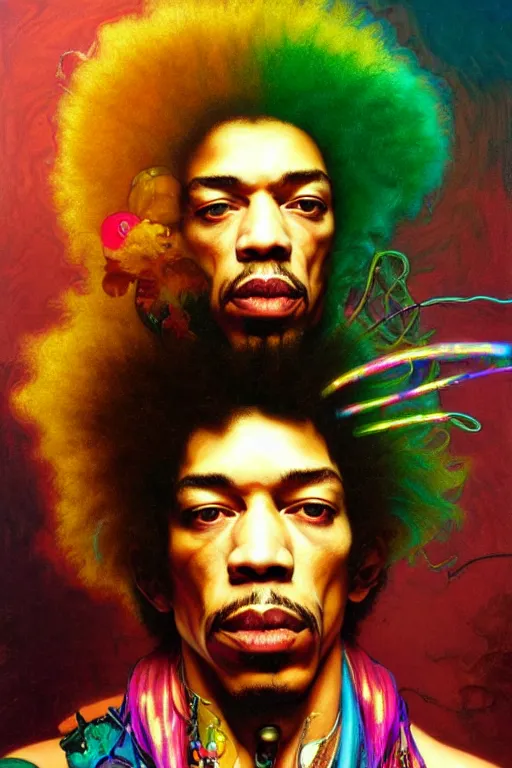 Prompt: A Weirdcore Mesmerizing 8k hyperrealistic portrait of cyberpunk Jimi Hendrix with electric neon hair strands, floating in spirals of iridescent mycelum, painted by Caravaggio, Greg rutkowski, Sachin Teng, Thomas Kindkade, Alphonse Mucha, Norman Rockwell, Tom Bagshaw