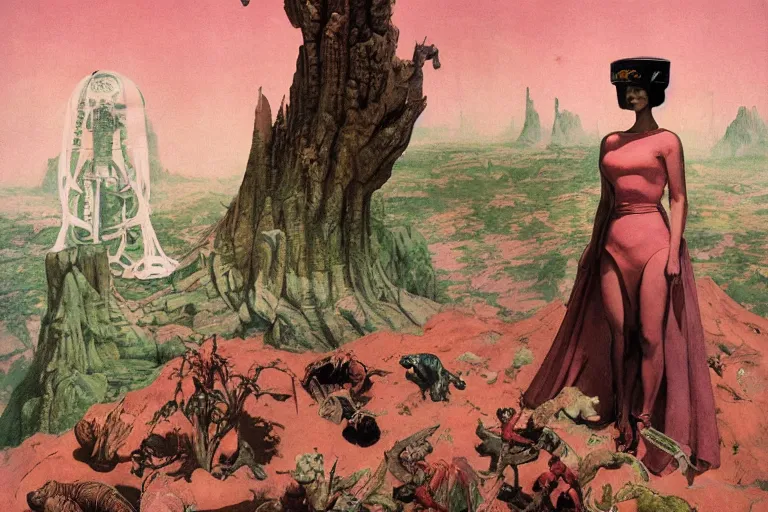 Image similar to 5 0 s pulp scifi illustration, earth woman in cape meets martian, pink landscape, extra terrestrial plants, pond, baobab trees, painted by norman rockwell, ruan jia, raymond swanland, lawrence alma tadema, zdzislaw beksinski, jack kirby, tom lovell, alex malveda, schomburg, bergey, science fiction