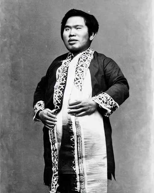 Prompt: 1800's photograph of a heavily pregnant young handsome!! Filipino man wearing a Barong Tagalog, high quality image