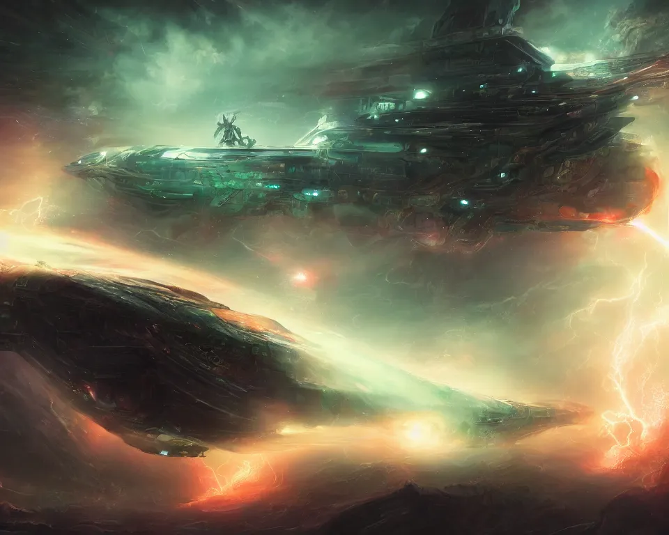 Image similar to the future war between cthulhu and mankind in space, the space warship, dreamy and ethereal, fantasy, intricate, many lightning, cold color, highly detailed, digital painting, anime, artstation, concept art, cyberpunk wearing, smooth, sharp focus, led, illustration.