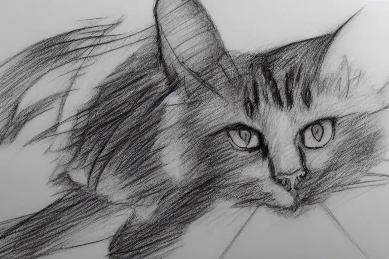 Prompt: a storyboard pencil sketch of a cat running through a forest, black and white, rough sketch with erased lines, trending on artstation, detailed, blue pencil