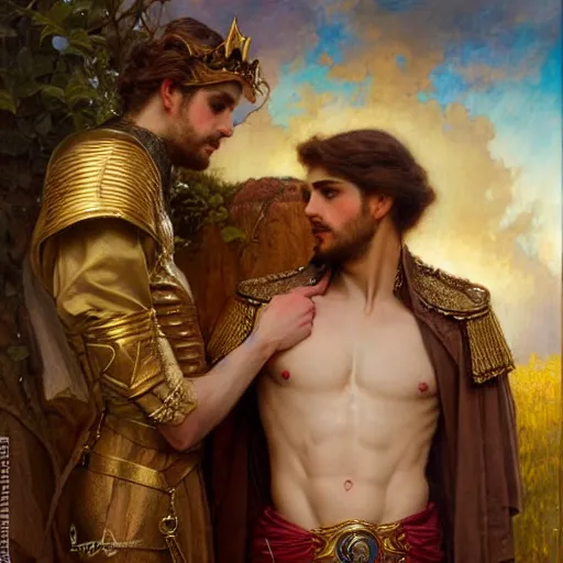 Image similar to attractive fully clothed king confesses his love for his attractive fully clothed male prince. highly detailed painting by gaston bussiere, tom bagshaw, j. c. leyendecker