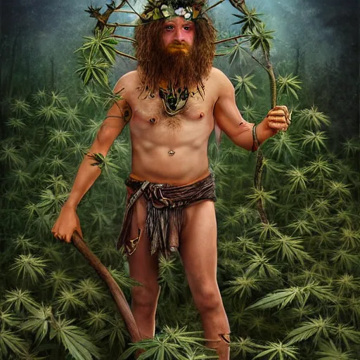 Prompt: intoxicated lazy shirtless hippie warrior wearing twigs and leaves and bone jewlery smiling sheepishly in a field of cannabis plants, highly detailed, dramatic lighting, night time, cinematic, fantasy art, hyperrealistic, detailed