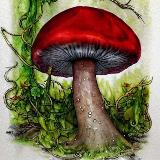 Prompt: jean - baptiste monge water color on white paper watercolor sketch of spooky giant mushroom with vines, moss, flowers, mushrooms hard edges, pencil lines, drips, runs, spatter, details. red chrome. jean - baptiste monge!!!!!