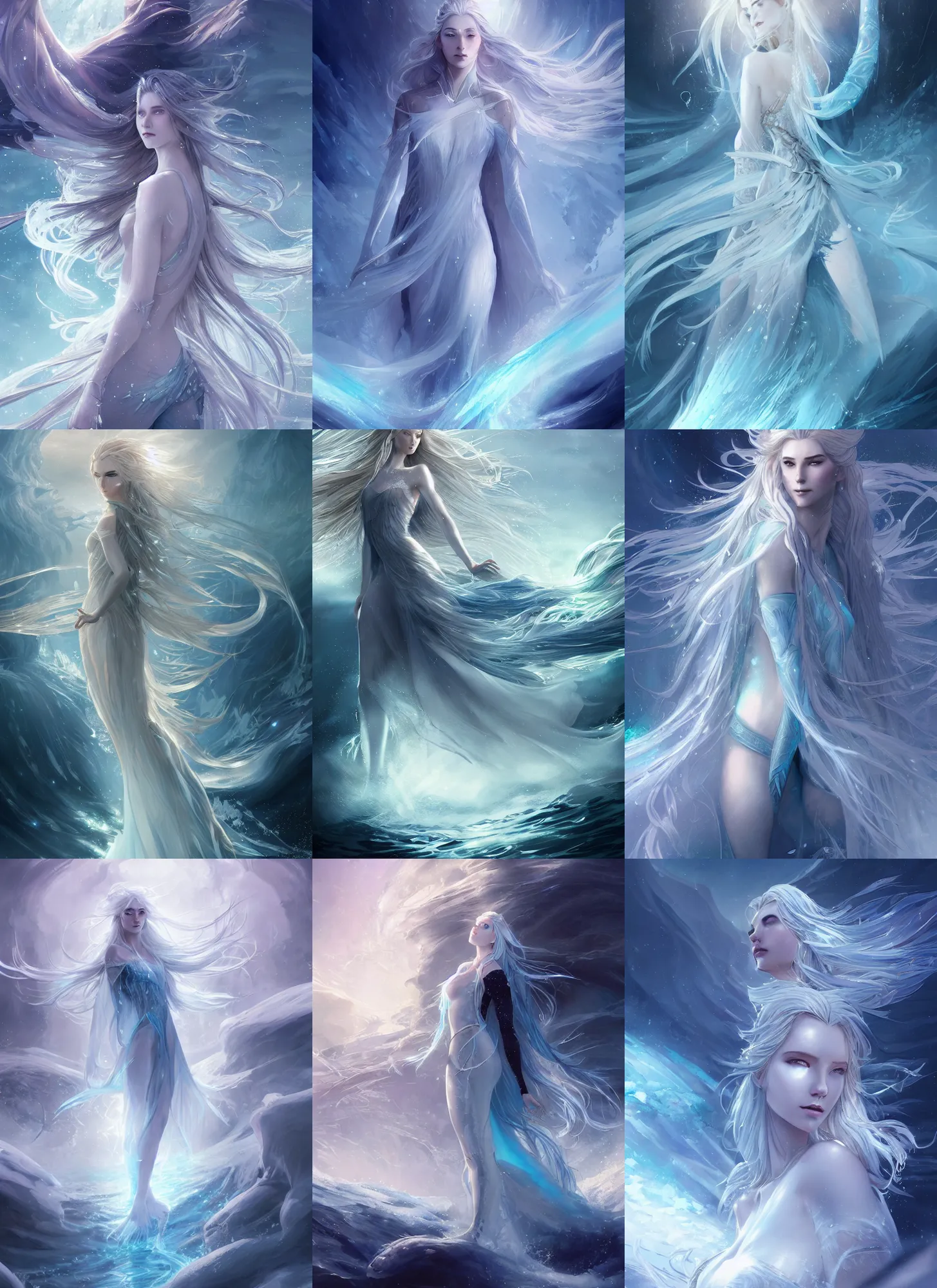 Prompt: majestic ice goddess with frozen body and flowing long hair rising from the sea by charlie bowater and wadim kashin, zeen chin and terada katsuya, fractals background, epic scene, epic light, intricate details, very detailed, artstation, masterpiece