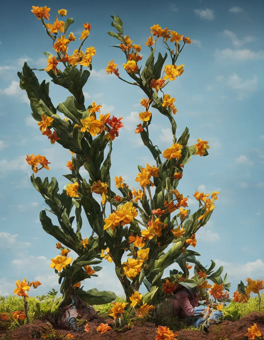 Image similar to a cowboy turning into blooms. tropical sea slugs, tractor tires. complementary colors. national geographic. 8 k, rendered in octane, smooth gradients. sculpture by antonio canova