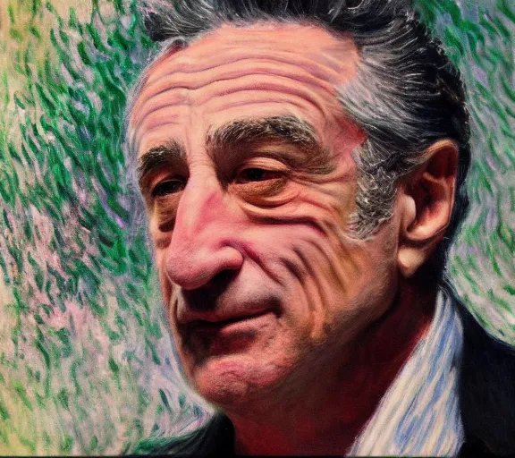 Prompt: a hyper-detailed oil painting of Robert DeNiro by Claude Monet; anatomically correct; trending on artstation