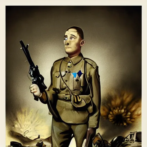 scared shell-shocked soldier in uniform, war and