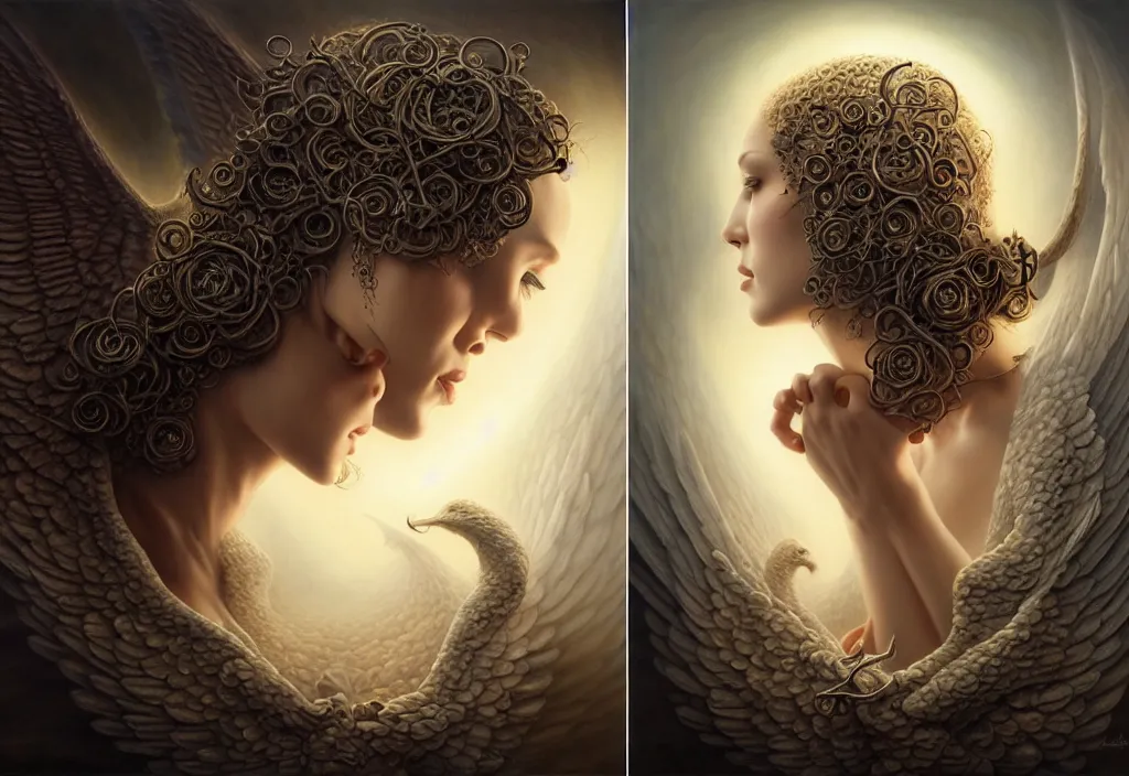 Prompt: picture split from the middle with an border, evil angels with different backrounds, intricate, elegant, highly detailed, realistic hair, centered, digital painting, art station, conceptual art, soft, sharp focus, illustration, artwork, artgerm, tomasz alen kopera, donato giancola, wlop, boris vallejo