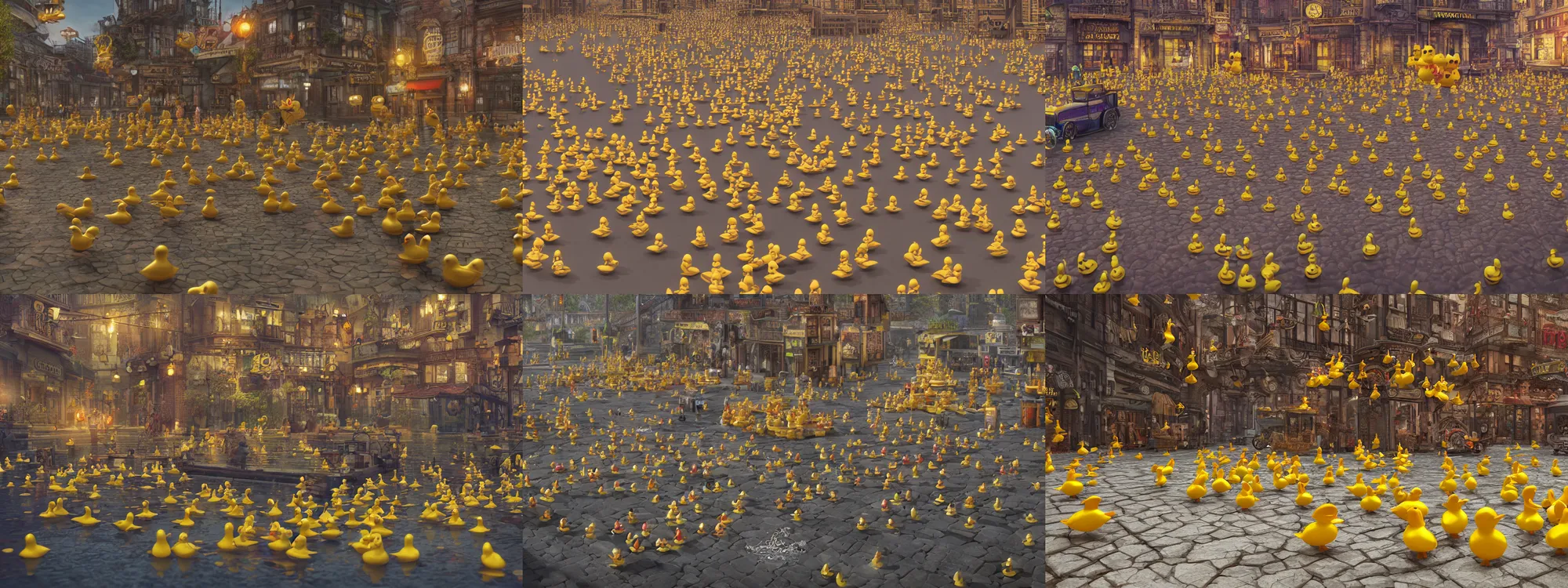 Prompt: A steampunk city full of rubber ducks, octane render, high detail, photorealistic, High details,4k