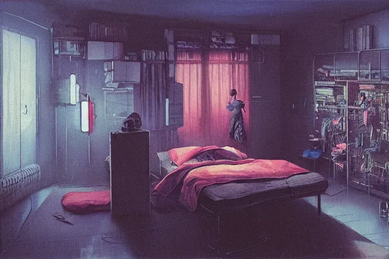 Image similar to IKEA catalogue photo, cyberpunk teenager bedroom, by Beksiński