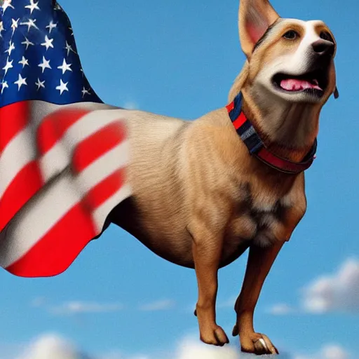 Image similar to a photo of a dog on top of a bald eagle,trident, photorealistic, highly detailed, patriotic, trending on artstation