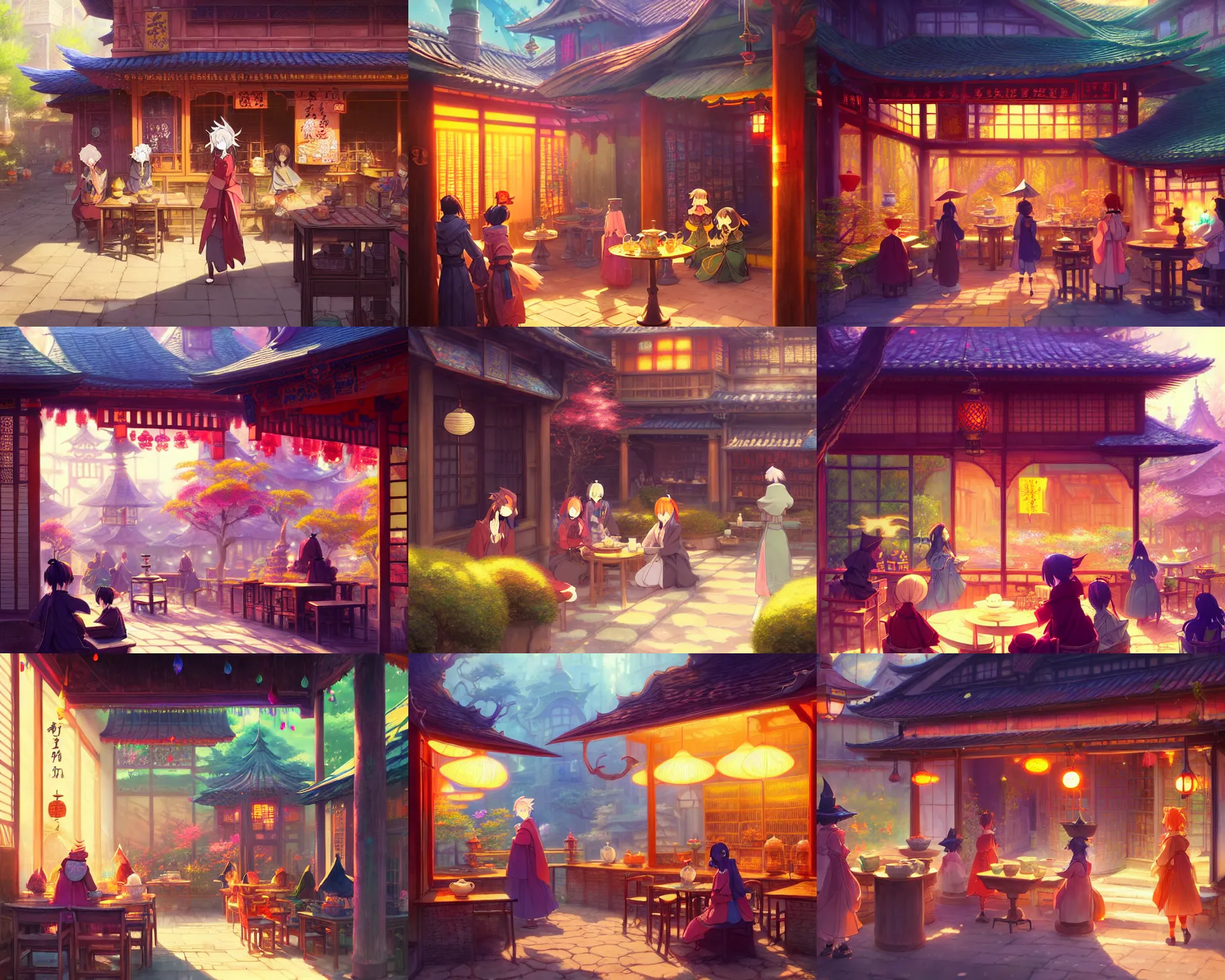 Prompt: tea shop in the courtyard of a colorful kitsune wizard college, anime, a fantasy digital painting by greg rutkowski and james gurney, trending on artstation, highly detailed