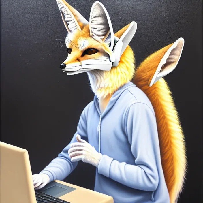 Image similar to a photorealistic painting of an anthropomorphic fennec fox wearing headphones, laptop, oil on canvas, furry, soft lighting