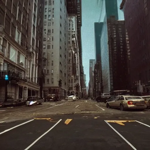 Image similar to post - apocalyptic new york city, cinematic, wide shot, movie screenshot