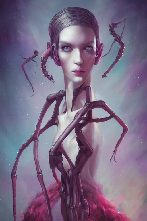 Image similar to portrait of an elegant alien spider queen, long legs, many legs, spindly legs, full body character concept art, by artgerm, tom bagshaw, gerald brom, vaporwave colors, lo - fi colors, vaporwave, lo - fi, moody vibe, goth vibe, 4 k, hd,