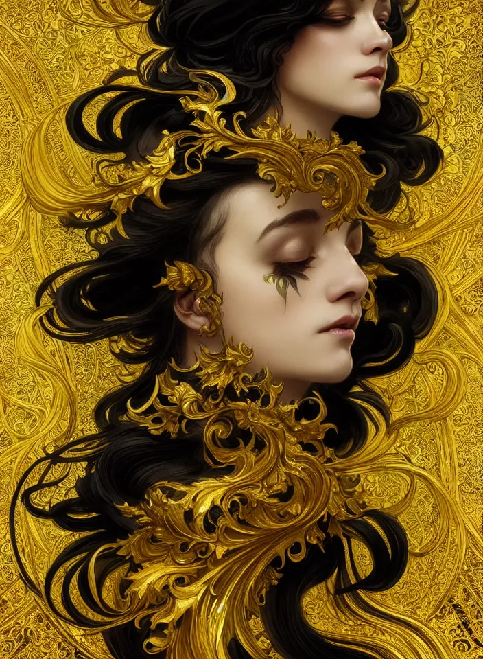 Image similar to beautiful black yellow, complicated gold the baroque style decoration, dark fantasy, intricate, elegant, highly detailed, digital painting, artstation, concept art, matte, 3 d 8 k octane rendered, sharp focus, illustration, octane rendered, art by artgerm and alphonse mucha, leesha hannigan, ross tran