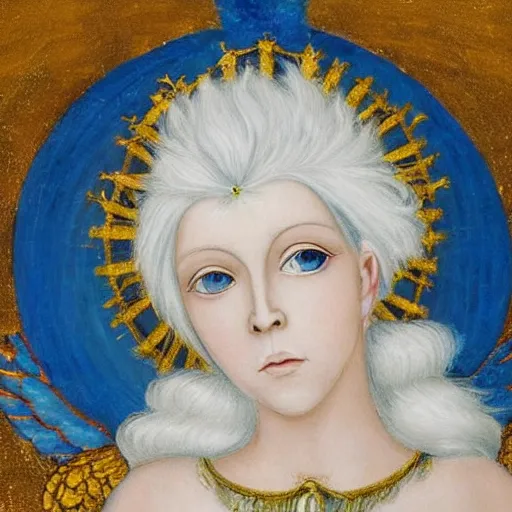 Prompt: portrait of a white haired angel with a blue stone crown, perfect face