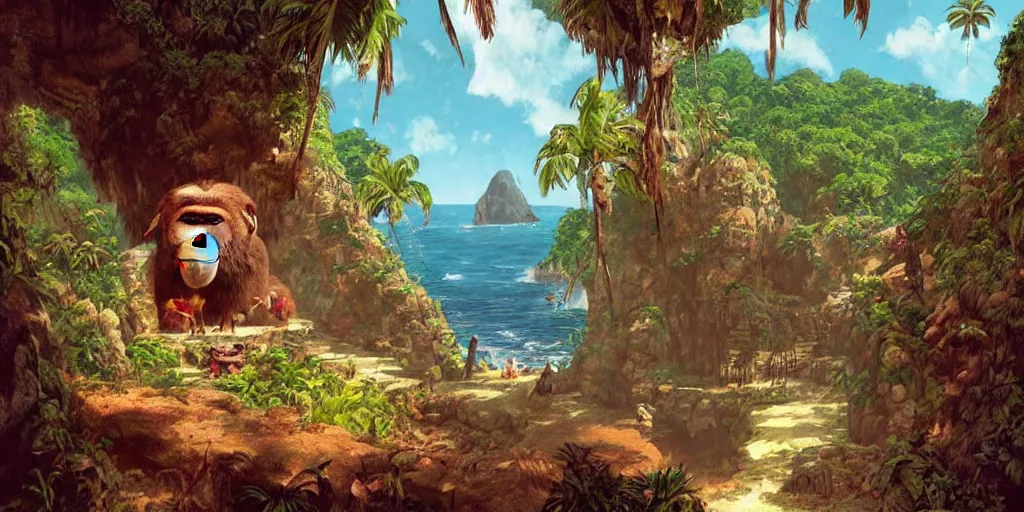 Image similar to ”a huge primitive monkey’s head catved out of stone with a mouth as an entrance to a cave inside, [caribbean, jungle, palm trees, beach, wide angle, side view, cinematic, monkey island, art by wlop and paul lehr]”