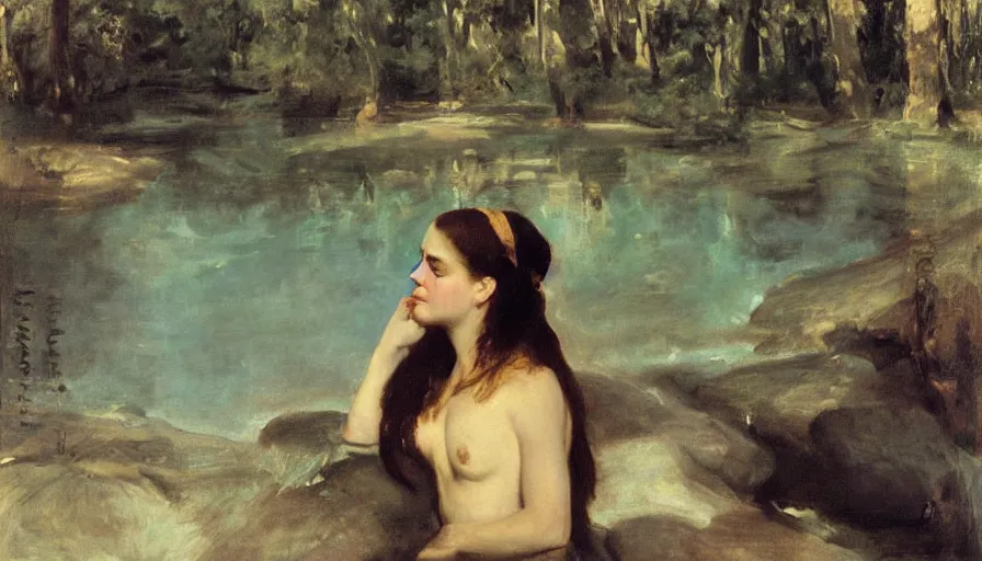 Image similar to artwork painting of a woman looking into the water, there are figures under the water looking by eugene von guerard, ivan shishkin, john singer sargent