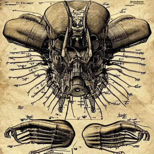 Prompt: da vinci's scientific schematics instructions, alien from movie, giger style, blueprint, hyperdetailed vector technical documents, callouts, archviz, legend, patent registry