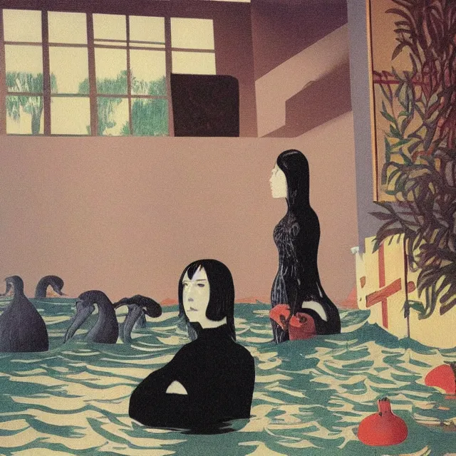 Image similar to tall female emo artists in their flooded apartment, painting of flood waters inside an artist's home, a river flooding indoors, pomegranates, pigs, ikebana, zen, water, octopus, river, rapids, waterfall, black swans, canoe, berries, acrylic on canvas, surrealist, by magritte and monet