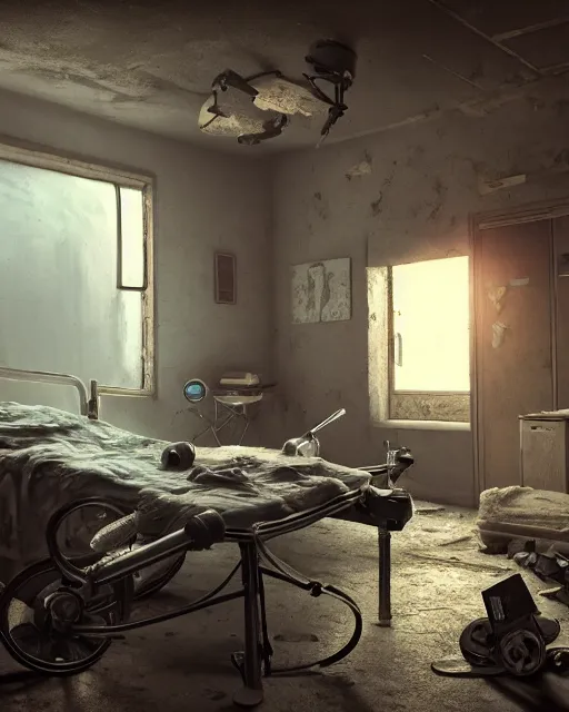 Image similar to artstation scifi scene a village old ward, one ceiling fan, wheelchair, crutches, bed, dust, paneled walls, window, summer unreal engine 5, hyper realism, realistic shading, cinematic composition, blender render, octane render, hdr, detailed textures, photorealistic, wide shot