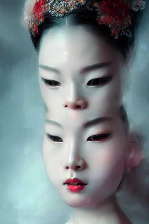 Image similar to geisha prima ballerina, gorgeous, ethereal, close - up portrait, intricate, elegant, volumetric lighting, scenery, digital painting, highly detailed, tutu, artstation, sharp focus, illustration, concept art, ruan jia, steve mccurry