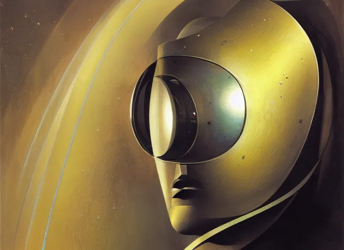 Image similar to a portrait headshot of sci fi metallic human, bright eyes, melancholic complex geometric figure liminal machinery by oskar schlemmer, moebius, john berkey, oil on canvas, portrait facial head, featured on artstation, hd wallpaper