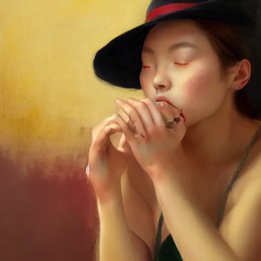 Image similar to a girl wearing a red fedora hat singing in a studio, sitting on a stool, extremely detailed digital painting, in the style of fenghua zhong and ruan jia and jeremy lipking and peter mohrbacher, predominant colors are black and yellow, rim light, beautiful lighting, 8 k, raytracing, octane, trending on artstation