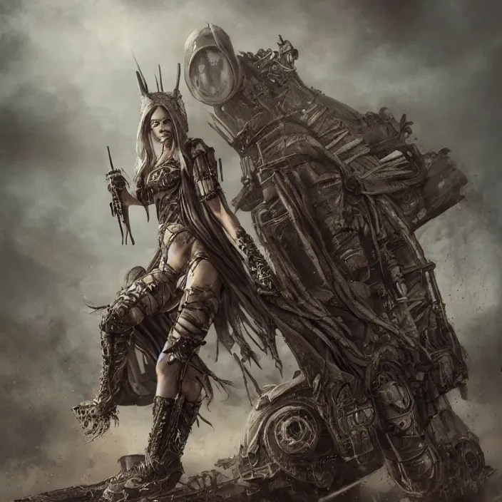 Image similar to beautiful apocalyptic woman in hooded cloak, standing on mad max panzer tank, hyper-detailed, smooth, sharp focus, 4k ultra hd, fantasy dark art, tank girl, artgerm, artstation, octane render, elegant, detailed digital painting, apocalyptic art