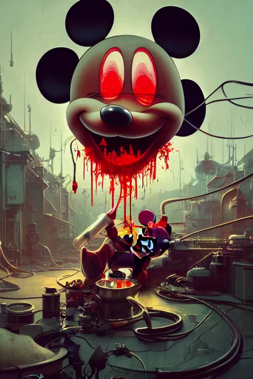 Image similar to mickey mouse open bloody head being repaired by mechanics, made by beeple, greg rutkowski,, alphonse mucha. cgsociety, unreal engine, octane render, highly detailed 4 k art, smooth, sharp focus, cinematic lighting, volumetric lighting, artstation,