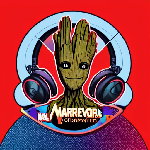 Image similar to svg sticker of a Pop-Wonder Groot-Marvel-Avenger at a rave, spinning records, giant headphones rocking out, wearing headphones, huge speakers, dancing, rave, DJ, spinning records, digital art, amazing composition, rule-of-thirds, award-winning, trending on artstation, featured on deviantart