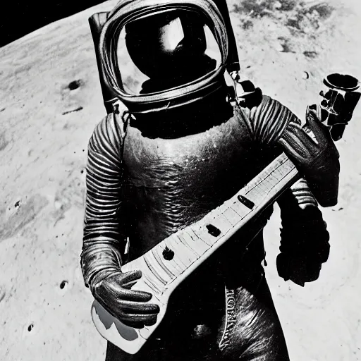 Image similar to detailed photo of an early diving suit with diver holding an electric guitar on the moon. old diving suit pictures. old diving suit. early diving suit. old diving suit photos. detailed