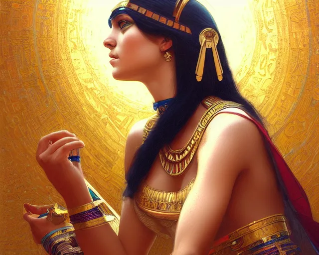 Image similar to photography of cleopatra in egypt, deep focus, intricate, elegant, highly detailed, digital painting, artstation, concept art, matte, sharp focus, illustration, art by artgerm and greg rutkowski and alphonse mucha