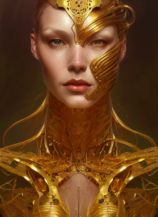 Prompt: organic cyborg, gold, diffuse lighting, fantasy, intricate, elegant, highly detailed, lifelike, photorealistic, digital painting, artstation, illustration, concept art, smooth, sharp focus, art by John Collier and Albert Aublet and Krenz Cushart and Artem Demura and Alphonse Mucha