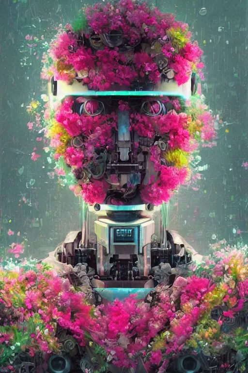 Image similar to a digital painting of a robot with flowers, cyberpunk portrait art by Filip Hodas, cgsociety, panfuturism, made of flowers, dystopian art, vaporwave