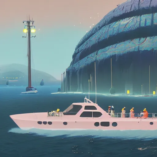 Image similar to yacht party by simon stalenhag