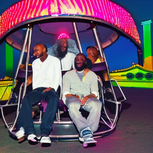 Image similar to death grips riding tilt - a - whirl at a carnival, mc ride, zach hill, andy morin,