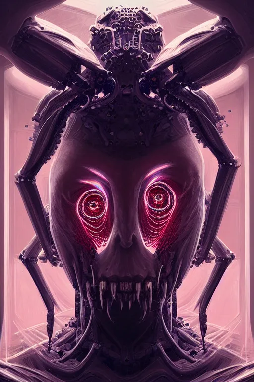 Image similar to professional concept art symmetrical portrait of a horror fractal robotic nightmare species in deep dark room by artgerm and greg rutkowski. an intricate, elegant, highly detailed digital painting, kubism, concept art, smooth, sharp focus, illustration, in the style of cam sykes.