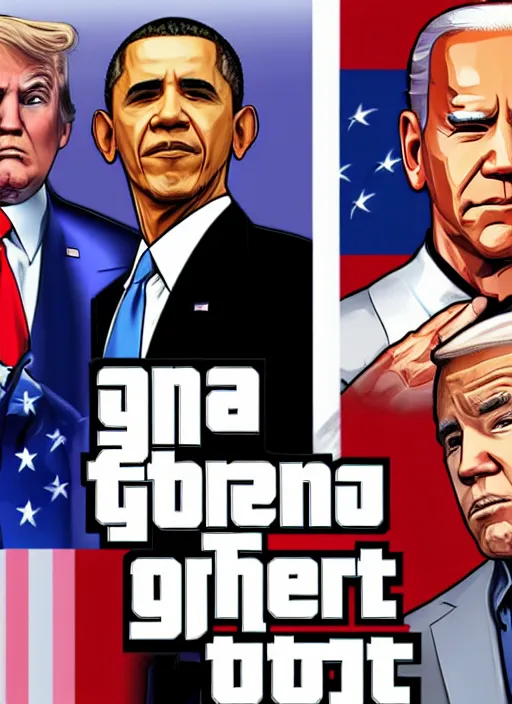 Prompt: GTA Cover Art, Obama, Biden, Trump