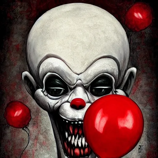 Image similar to grunge painting of a wendigo with a wide smile and a red balloon by chris leib, loony toons style, pennywise style, corpse bride style, horror theme, detailed, elegant, intricate