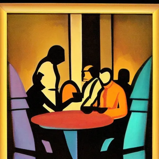 Prompt: spherical glass people sitting at the restaurant painting by aaron douglas